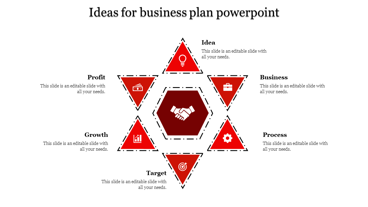 Business plan PPT slide with interconnected red triangle elements from ideas to profit with icons and placeholder text.