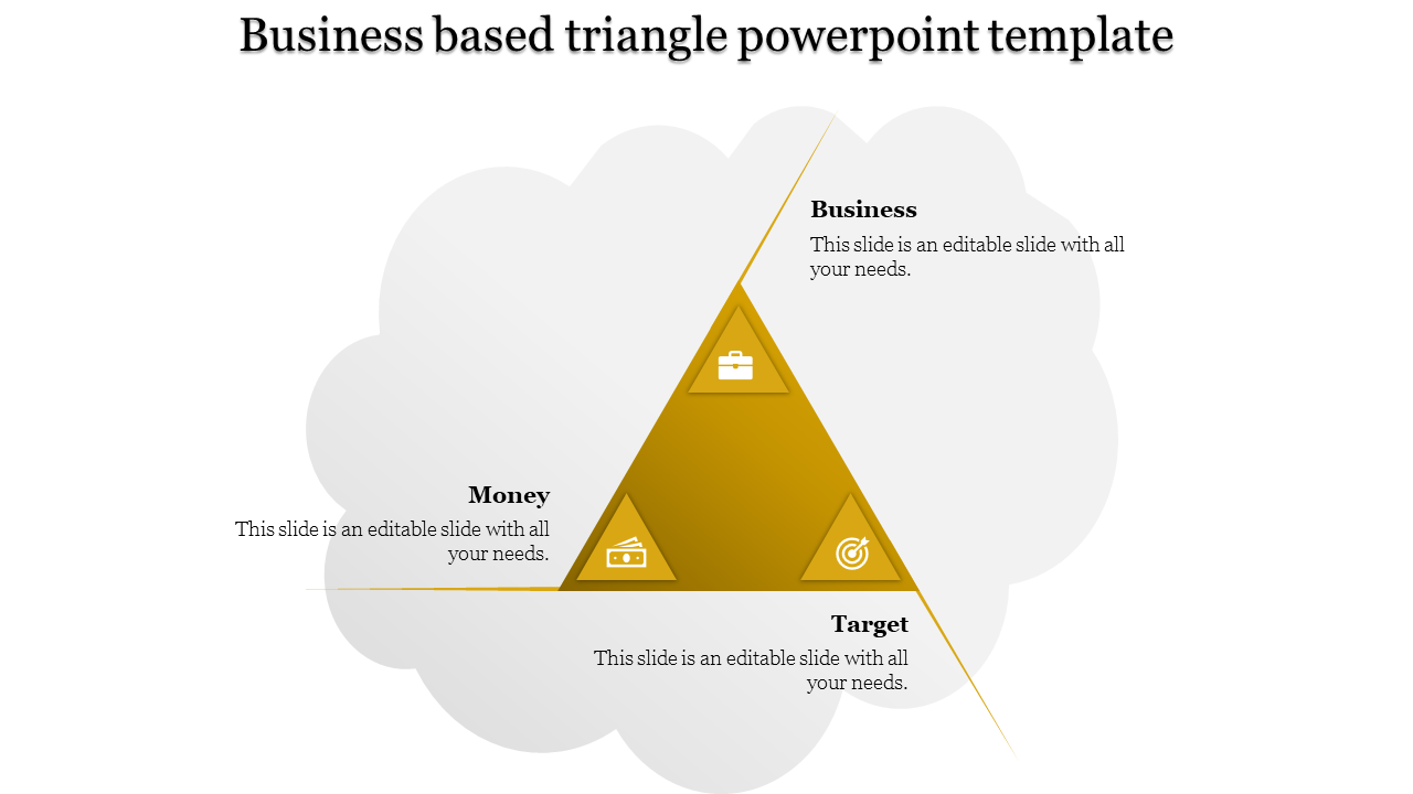 Hexagonal layout with six labeled gray triangles and central handshake icon for business plan elements.