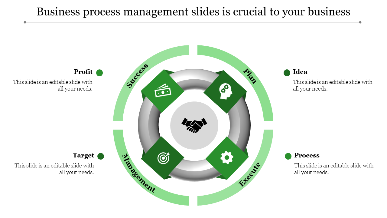 Business process management diagram slide with icons for Profit to Process in green and gray with placeholder text.
