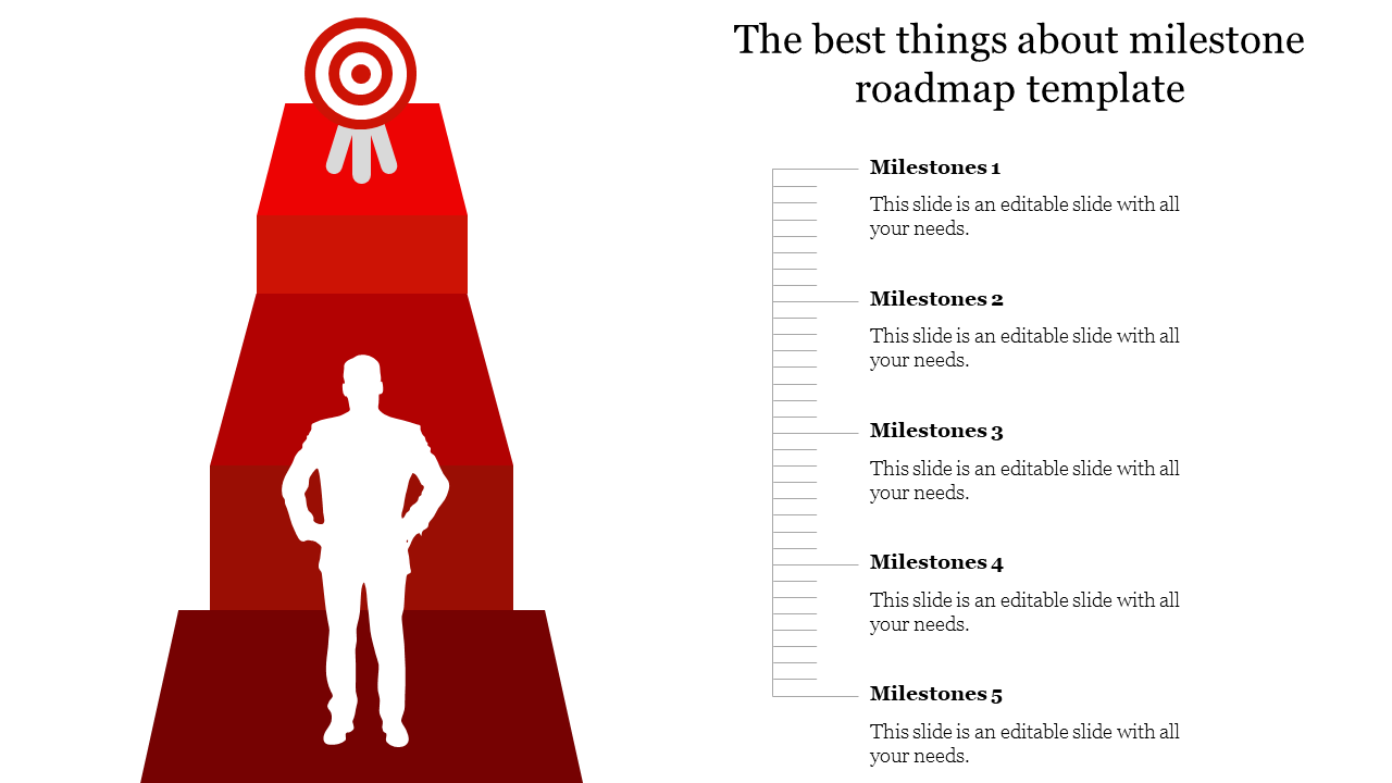 Milestone roadmap slide showing a red staircase with a target, a silhouette figure, and labeled steps on the right.