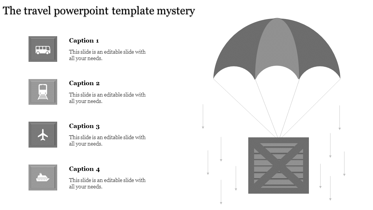 Travel template with purple parachute and cargo box, linked to icons for bus, train, plane, and ship on the left.