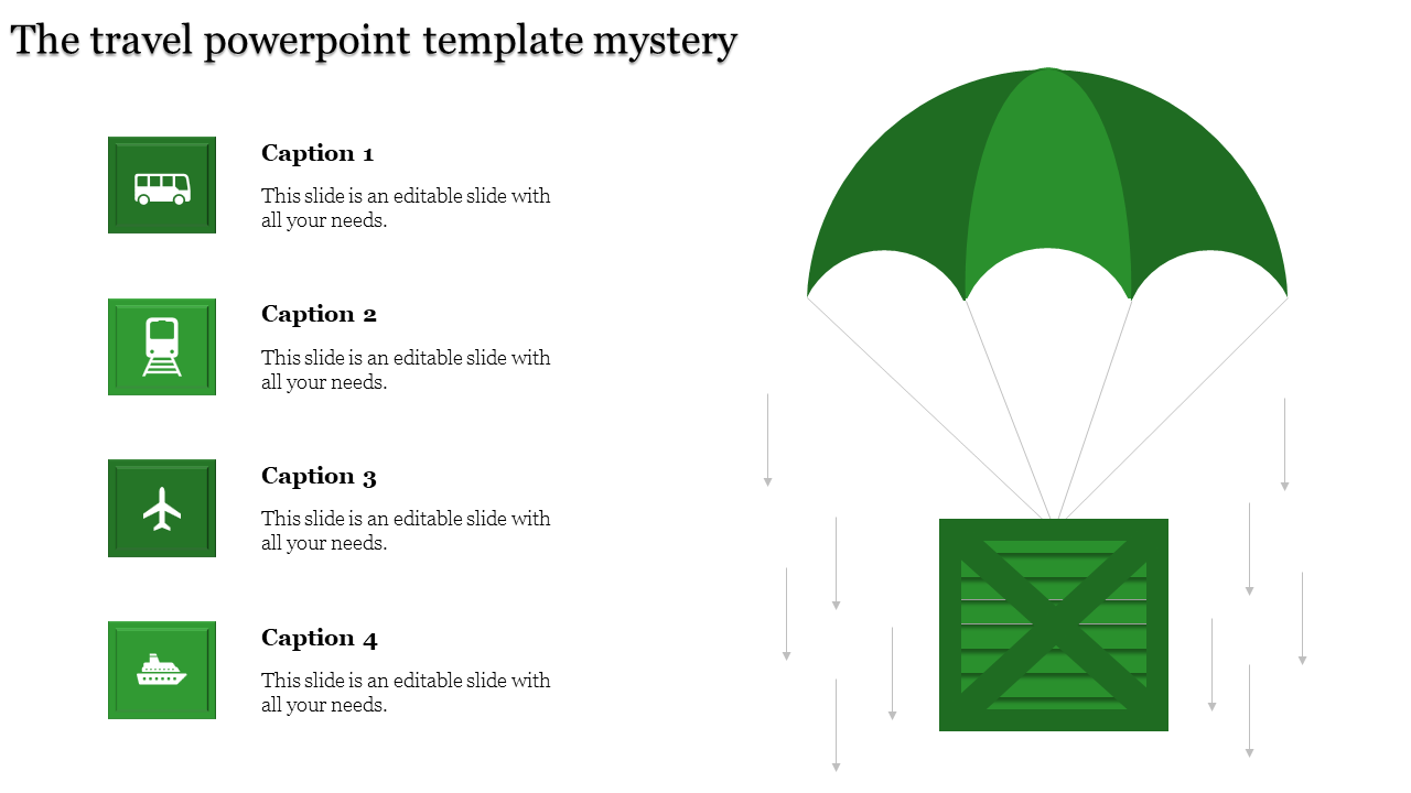 Travel PPT slide featuring different transportation with green icons for bus, train, airplane, and ship under a parachute.
