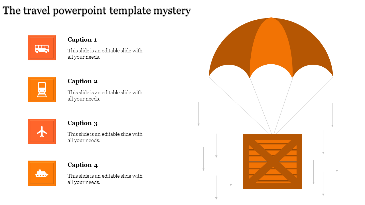 Structured slide with four orange travel icons on the left and a parachute cargo illustration on the right.