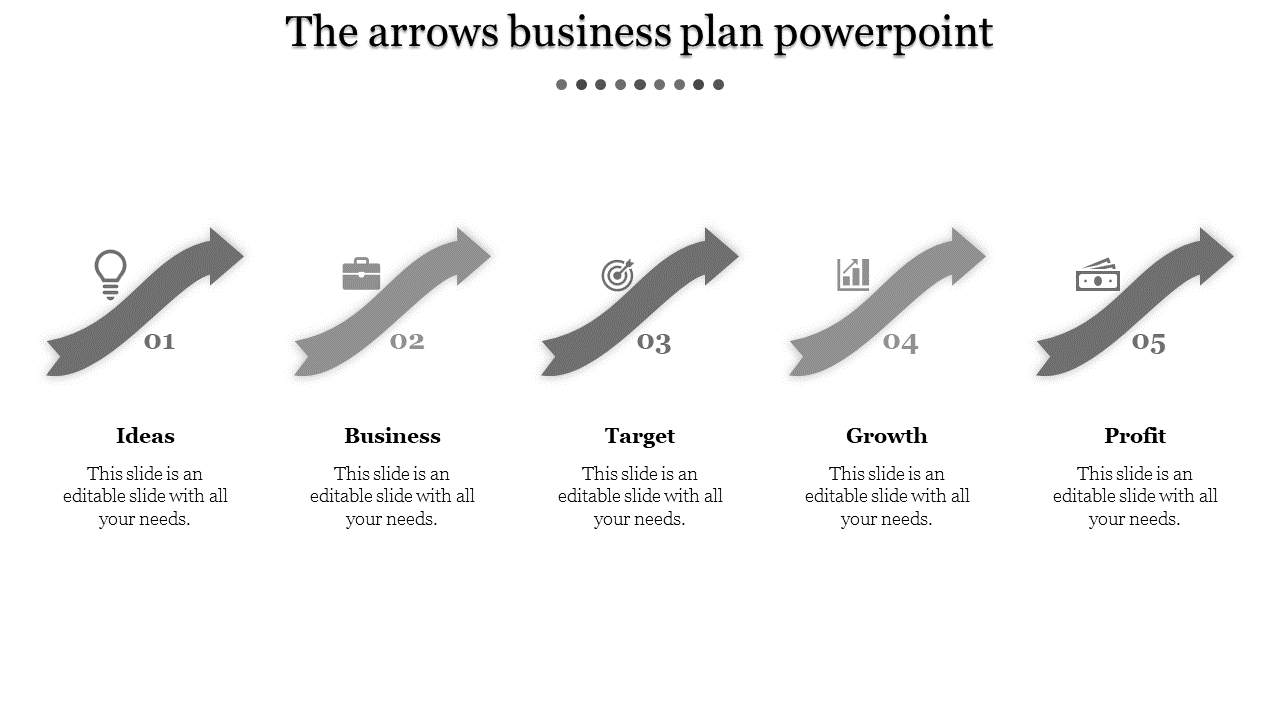 Business template with five gray arrows, icons above them, and descriptive text below on a white background.