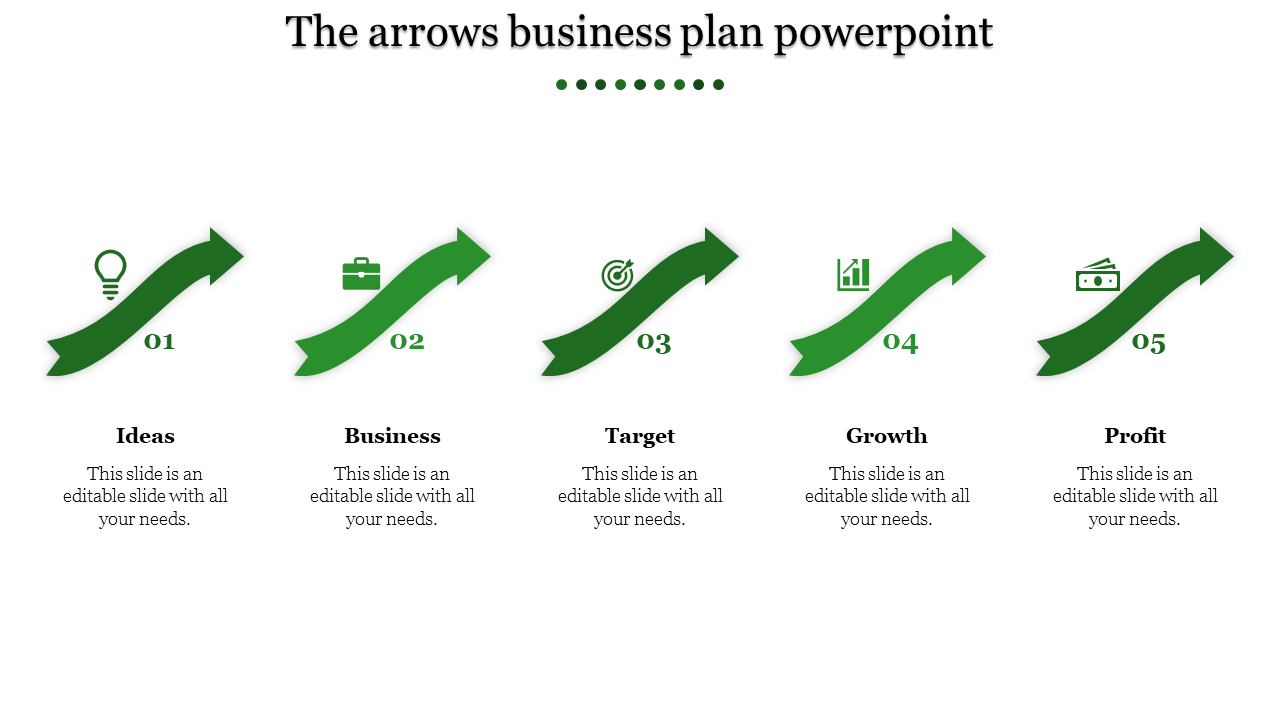 Five red arrows with icons for lightbulb, briefcase, target, growth chart, and money, representing business steps.