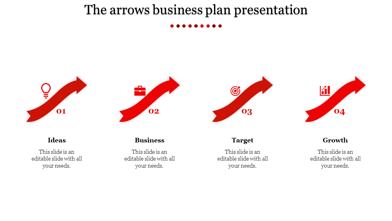 Sequential blue arrows with icons, caption areas and labels for ideas, business, and target under a bold title.