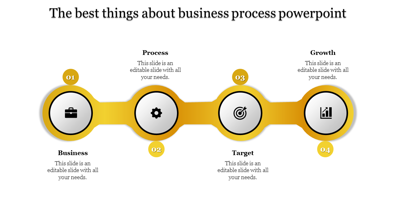 Horizontal flowchart with four yellow circular icons connected by a line, each representing a different stage.