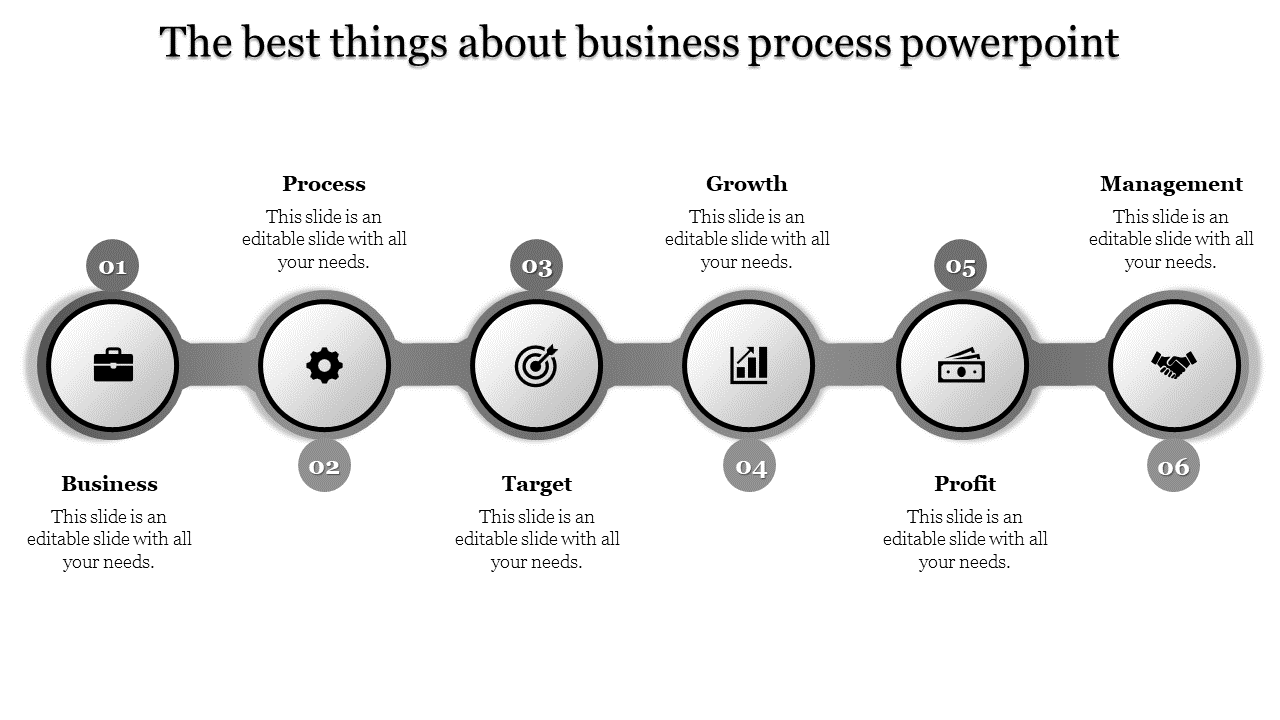 Horizontal sequence of six gray circular icons, each labeled with a caption and representing business process step.