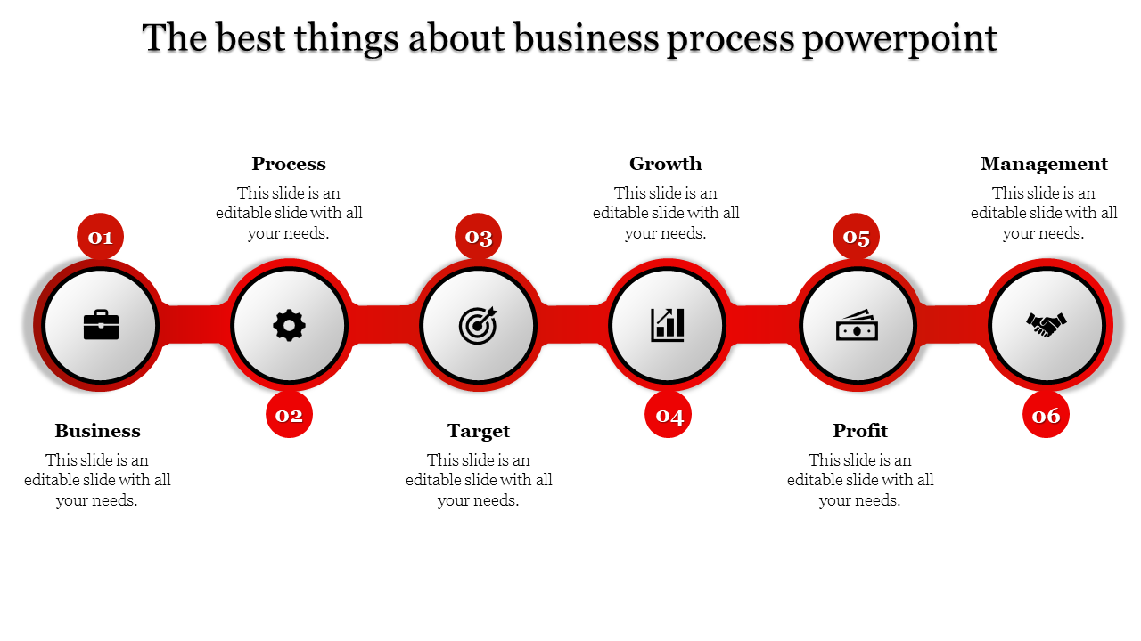 Gray arrow graphics labeled 01 to 06 depicting business stages with matching icons and captions areas.