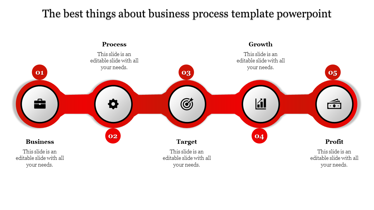 Business process template with six gray circles for business, process, target, growth, profit, and management.
