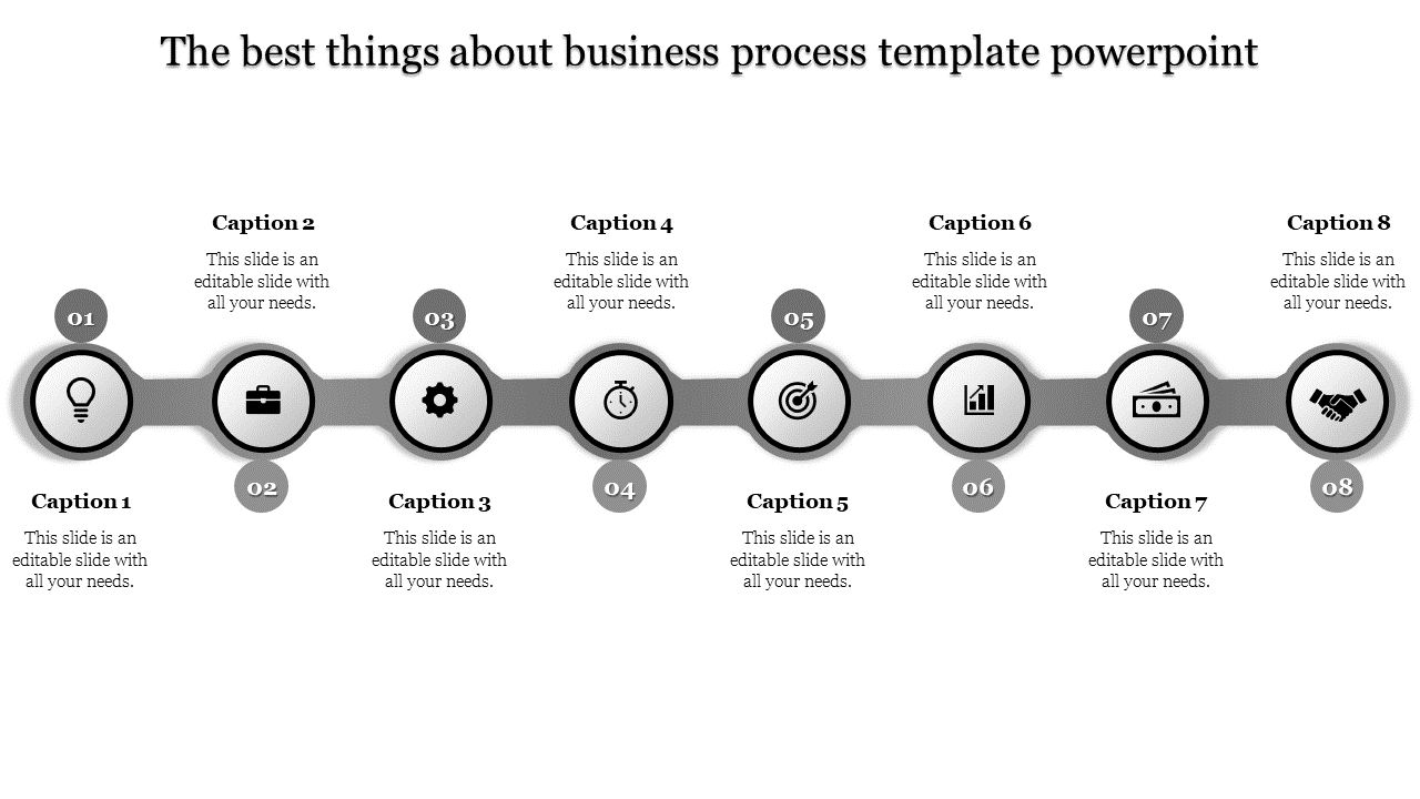 Grey business process template with eight stages with icons from lightbulb to handshake with captions and placeholder text.