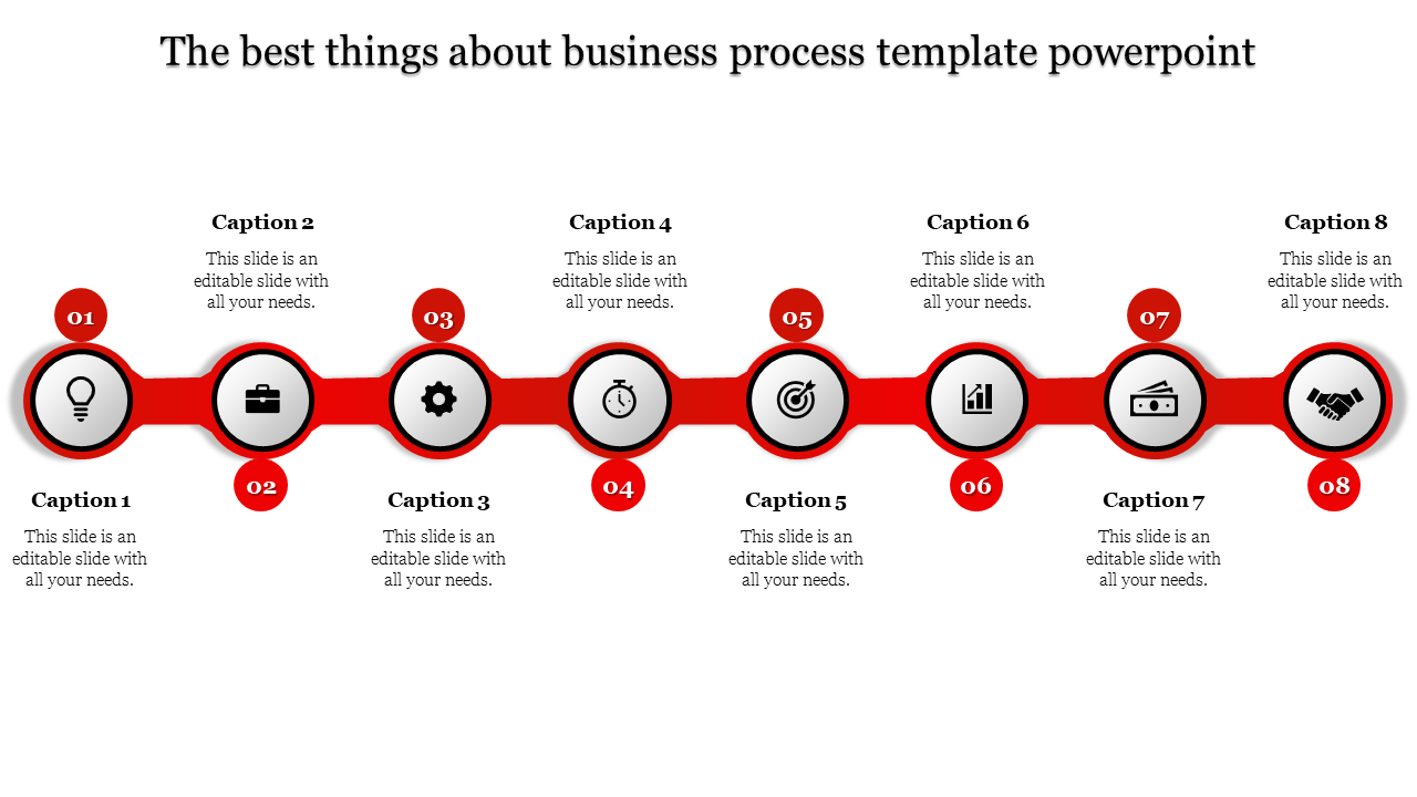 Red business process template with eight stages with icons from lightbulb to handshake with captions and placeholder text.