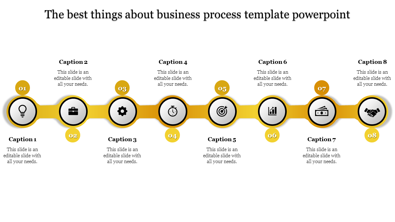 Slide with eight yellow circles, each containing an icon and labeled with captions, showing a business process.