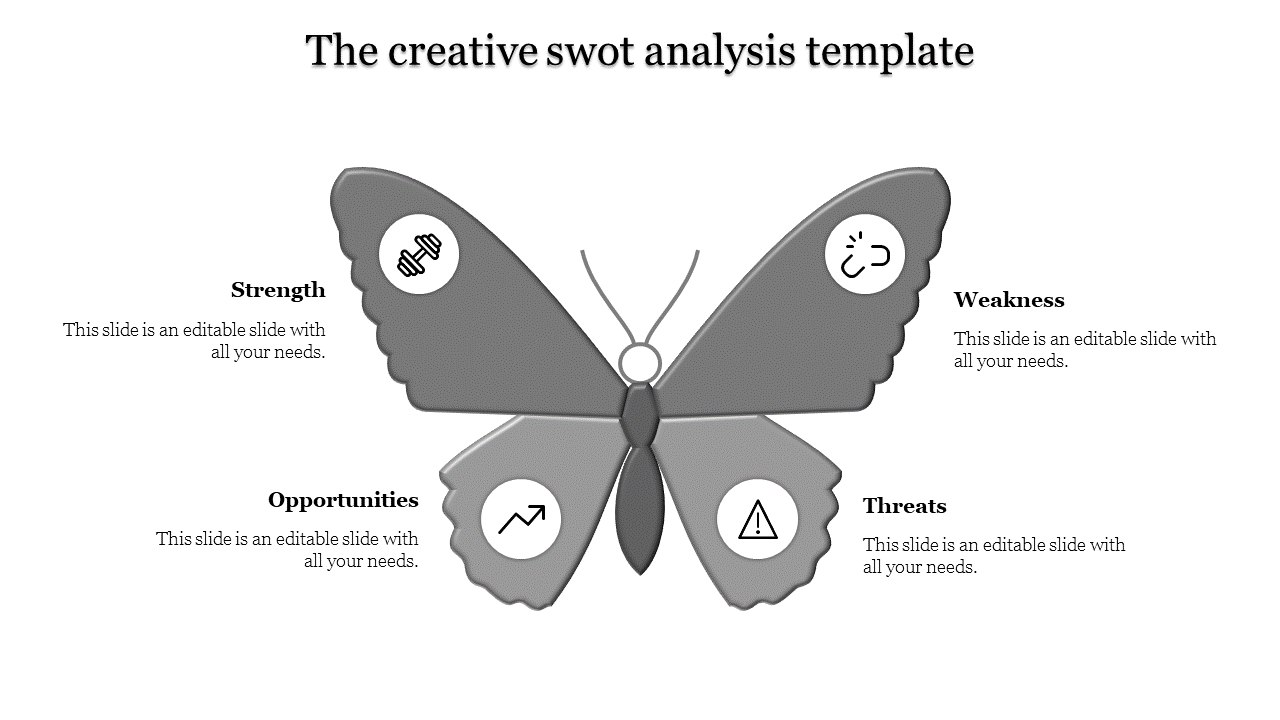 Red butterfly SWOT layout slide with symbolic icons for Strength, Weakness, Opportunities, and Threats.