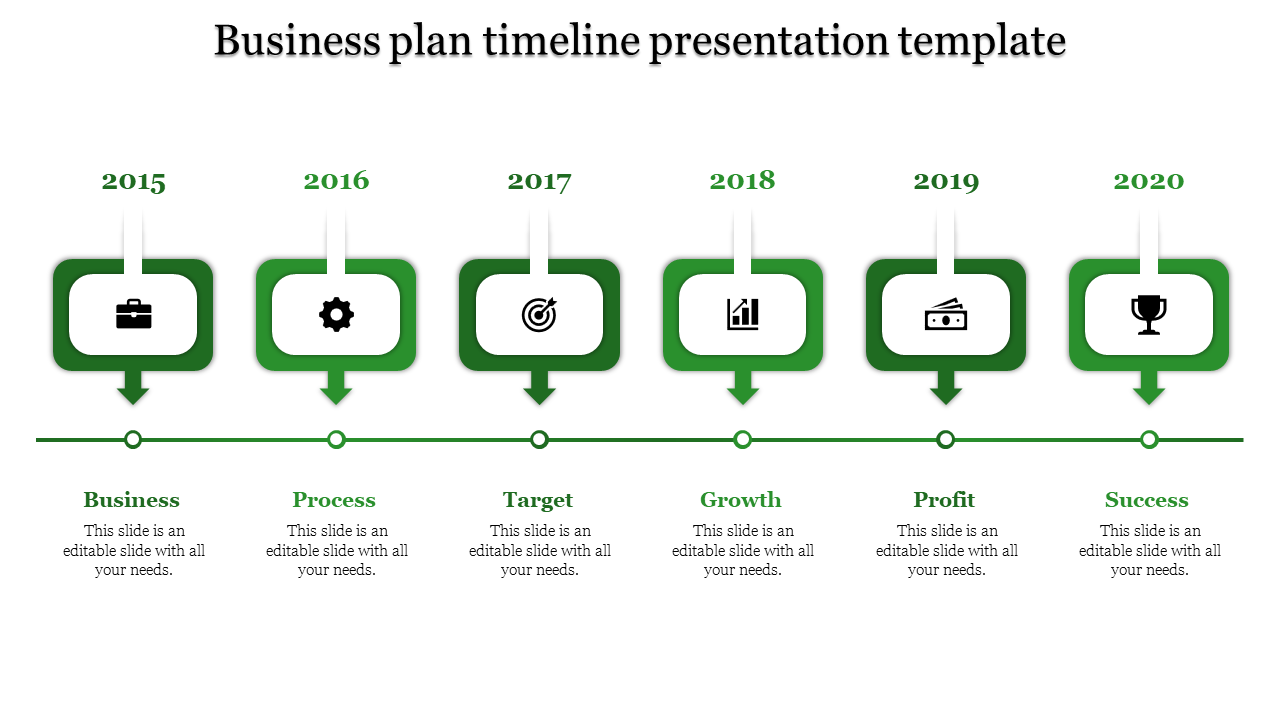 Business plan timeline with red boxes, downward arrows, and icons for business, process, target, growth, profit, and success.