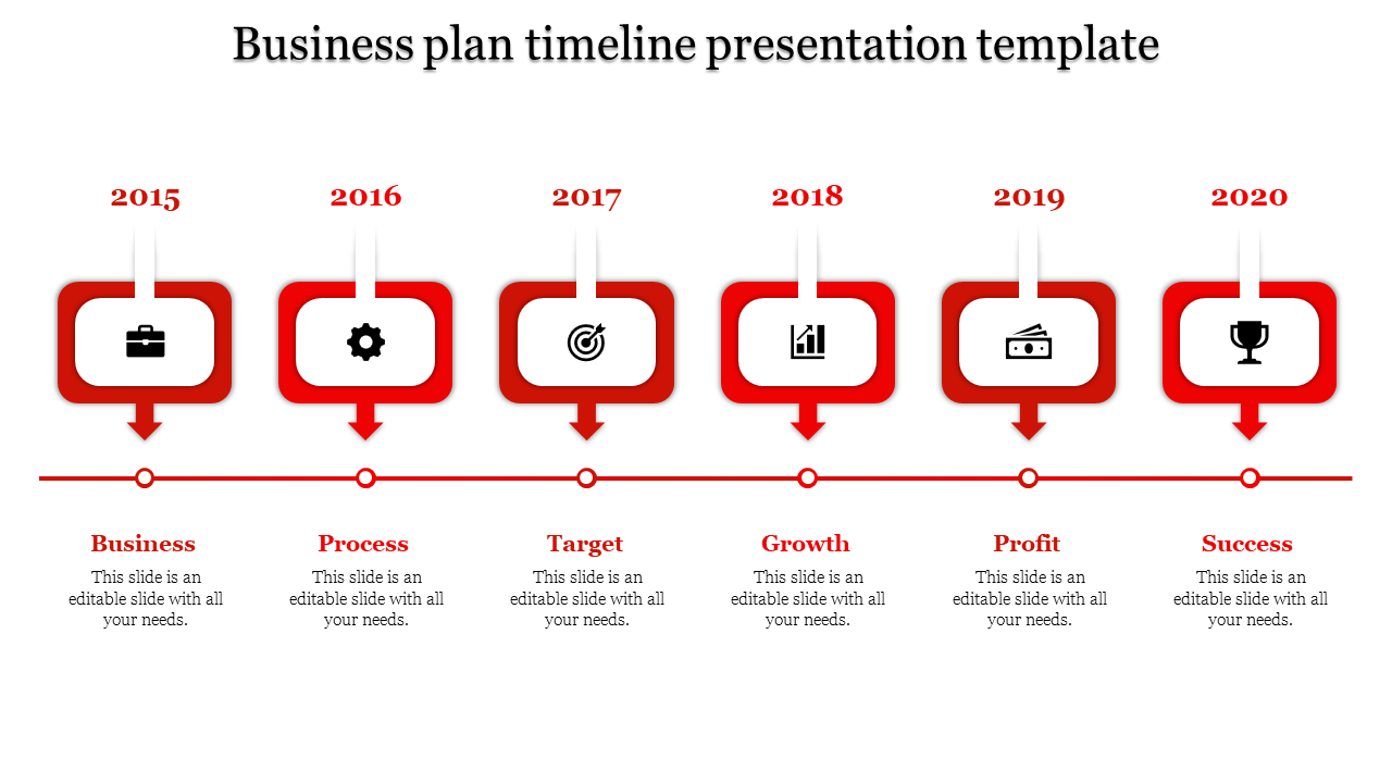Business plan timeline with blue boxes, downward arrows, and icons for business, process, target, and growth.