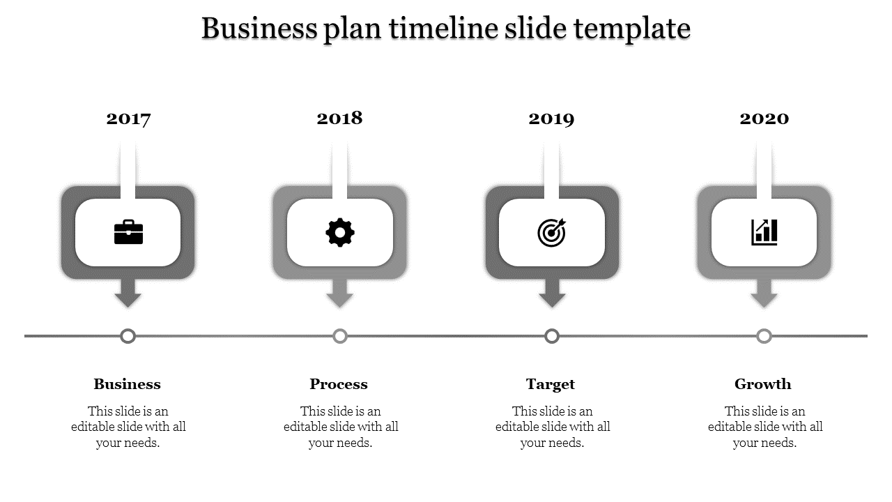 Timeline PPT slide showing four years 2017 to 2020 with placeholder text areas and grey coded sections with icons.