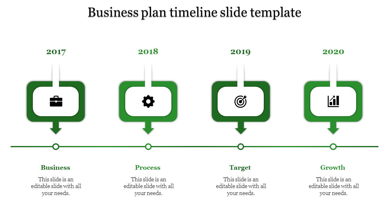 Green themed timeline with four rectangular icons above each year, representing business stages from 2017 to 2020.