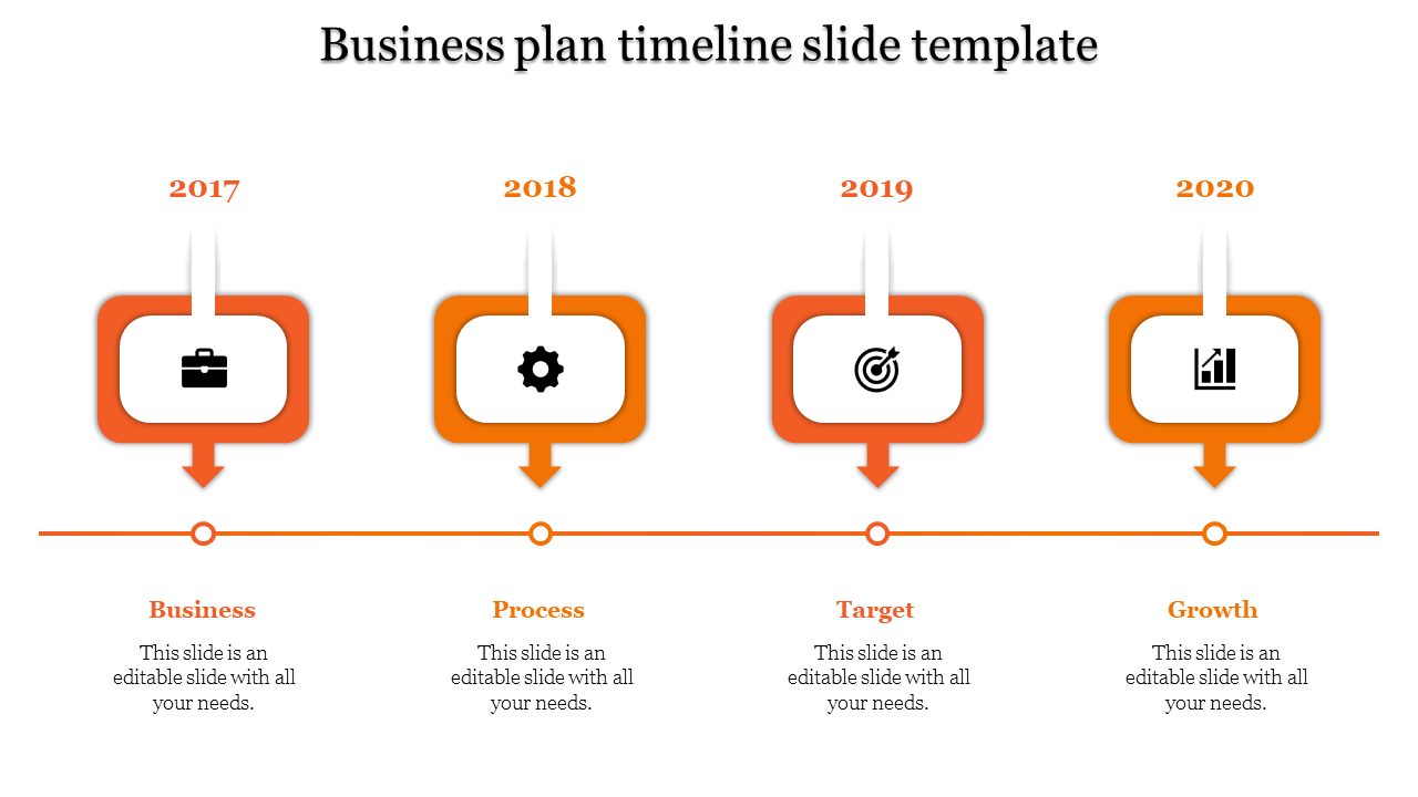 Business plan timeline with gold boxes, downward arrows, and icons for business, process, target, and growth.