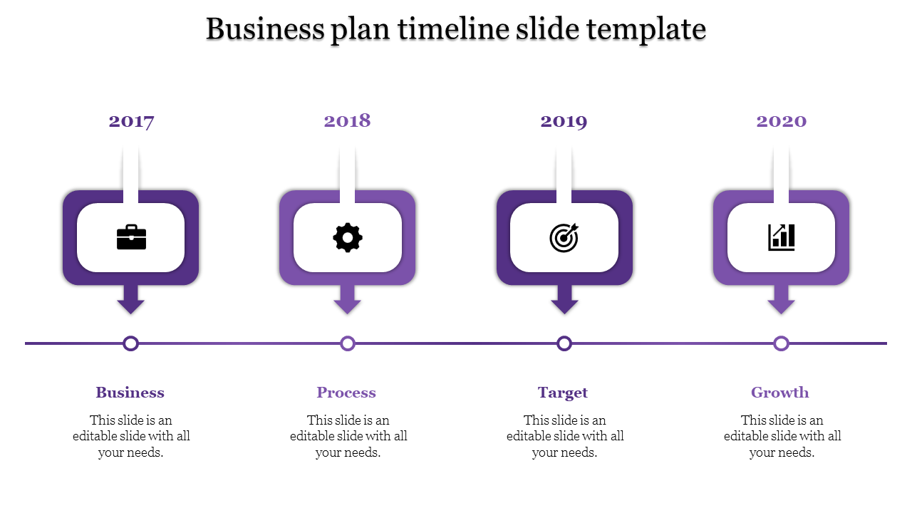 Timeline PPT slide showing four years 2017 to 2020 with placeholder text areas and purple coded sections with icons.