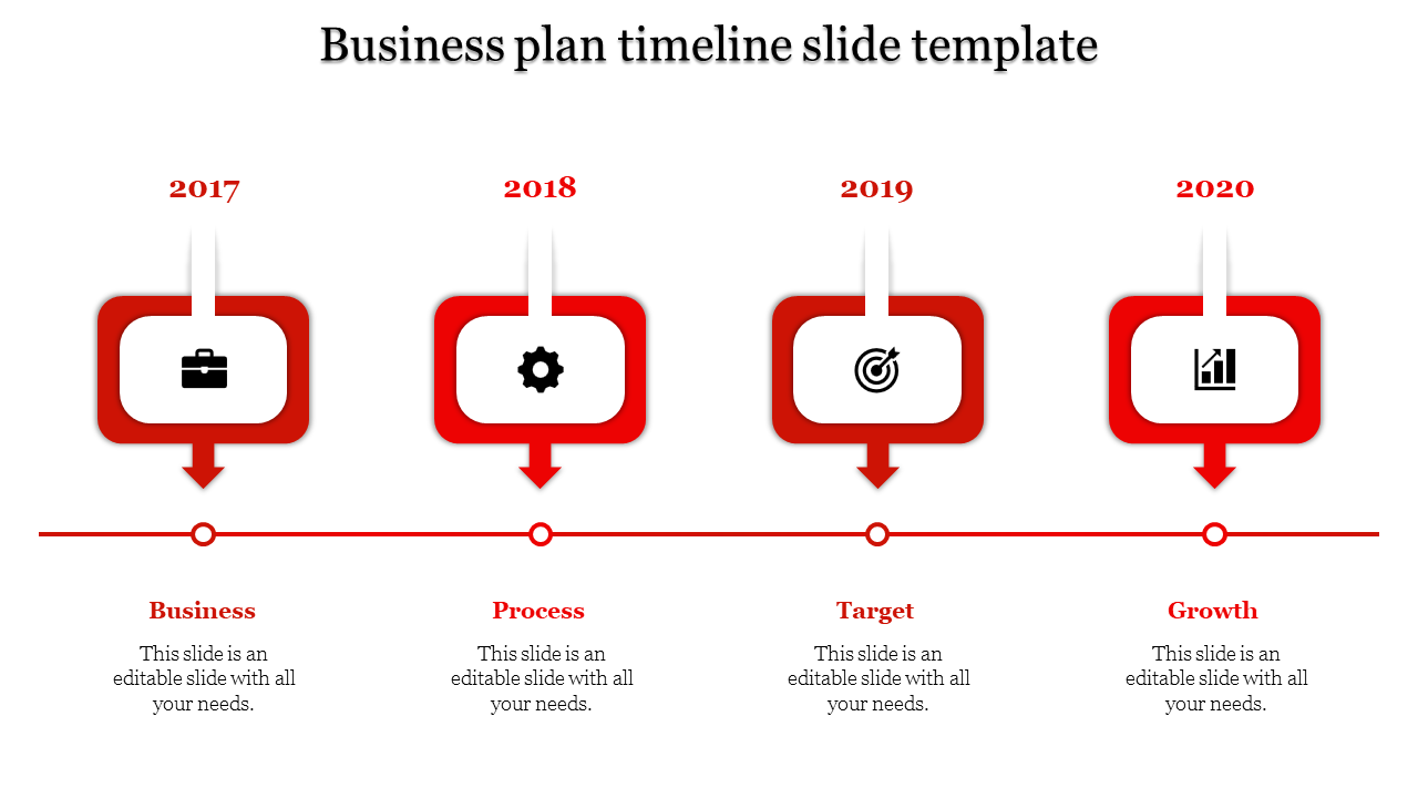 Timeline design with four red rectangular boxes for each year, connected by a line, showing key business milestones.