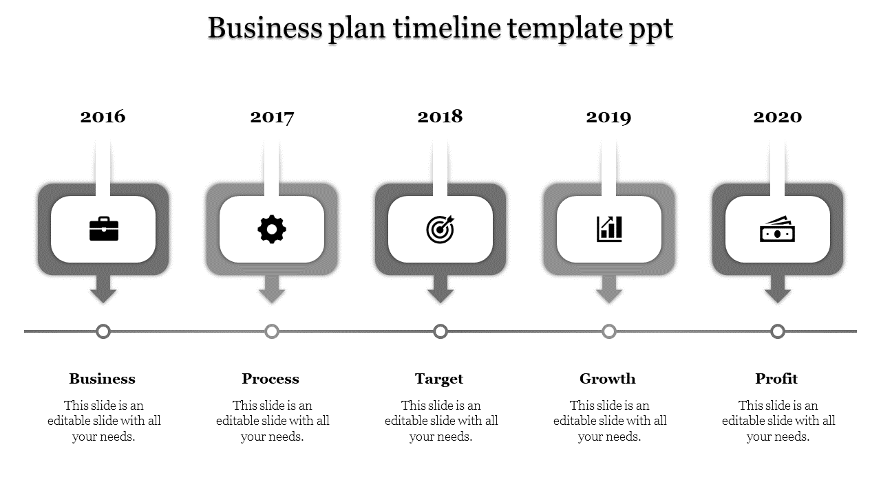 Business plan timeline slide with stages from Business to Profit, from 2016 to 2020 with placeholder text and grey icons.