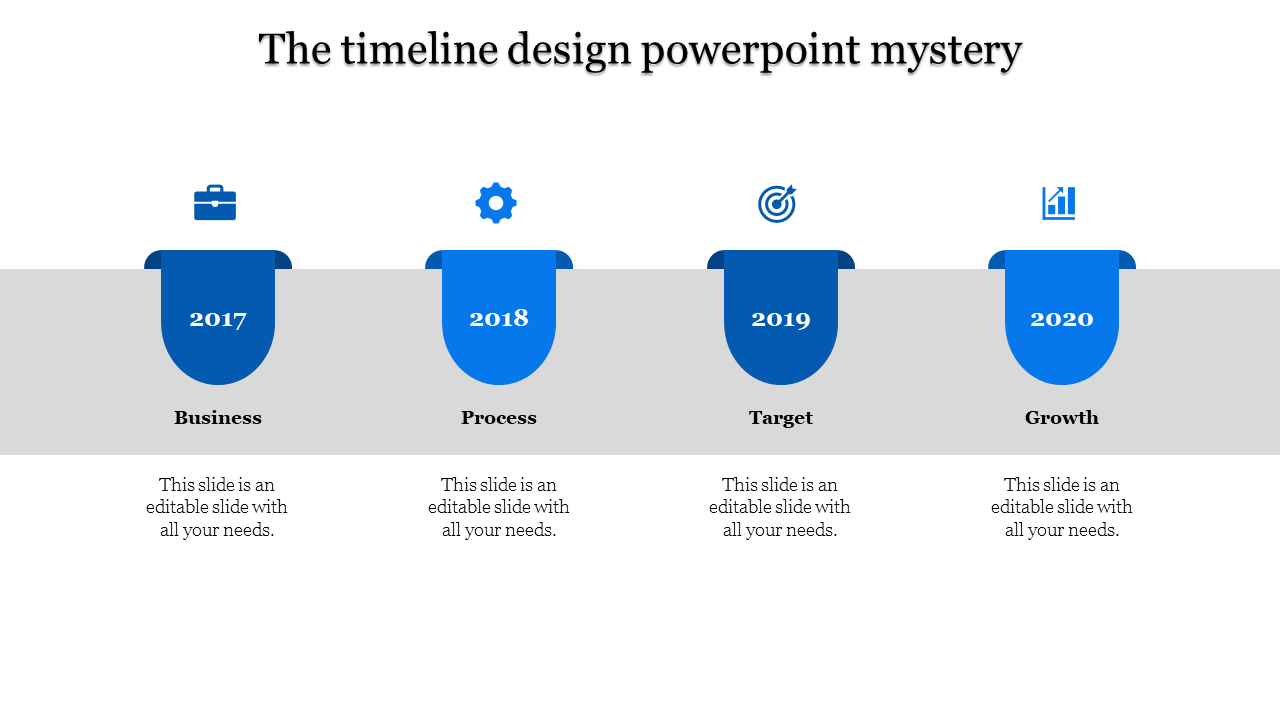 Timeline slide with four rounded blue icons above gray sections, each labeled with different years from 2017 to 2020.