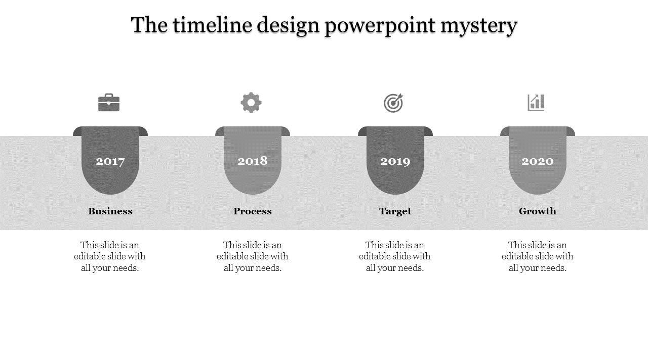 Timeline with purple drop shaped markers for 2017 to 2020, showing icons for business growth stages.