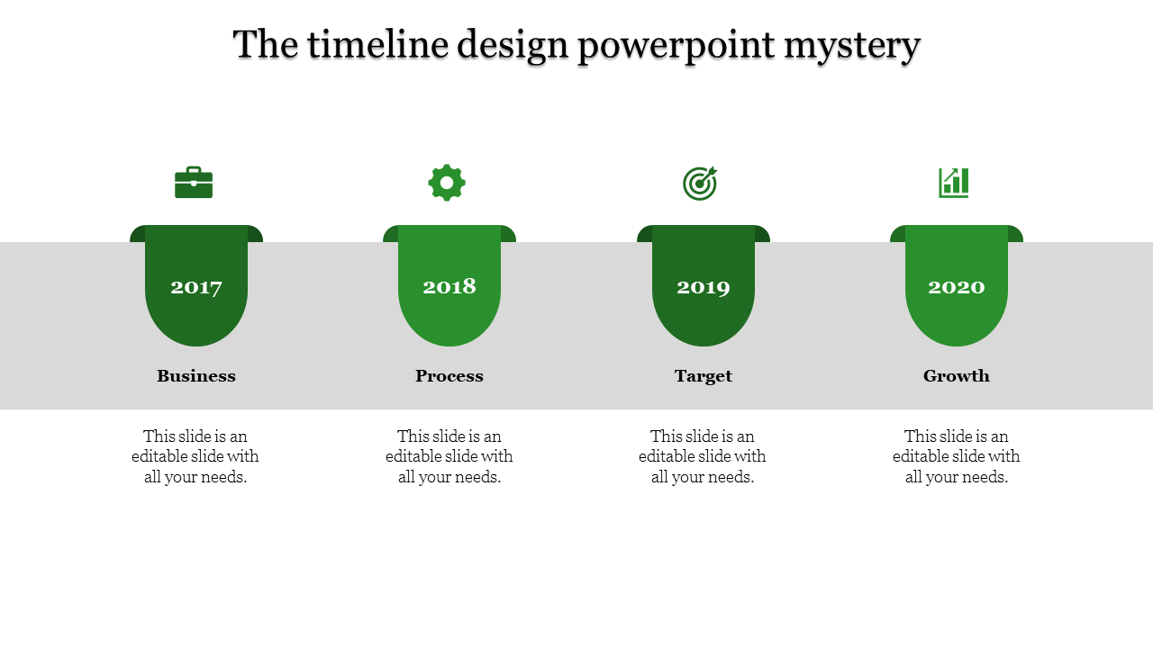 Green timeline design PowerPoint template with stages of Business, Process, Target, and Growth for 2017 to 2020 with icons.
