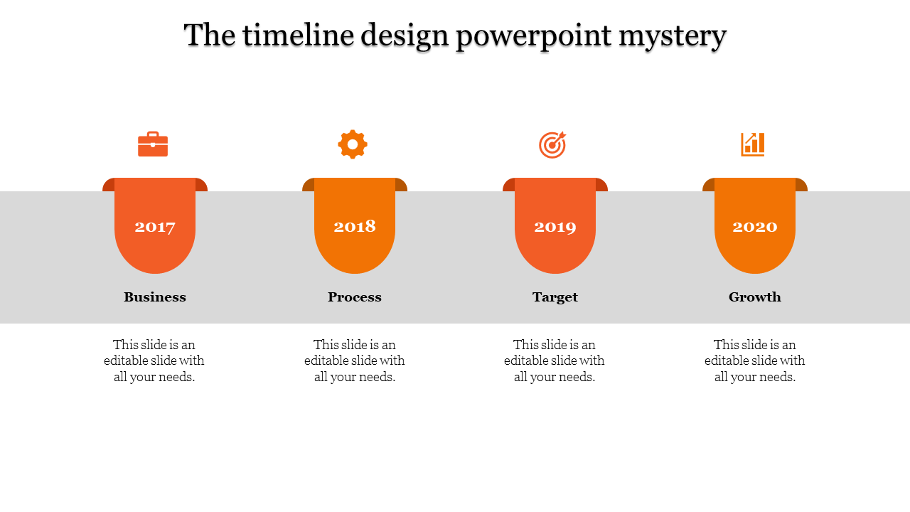 Horizontal timeline with four orange colored rounded shapes on gray segment, each featuring a different year and label.