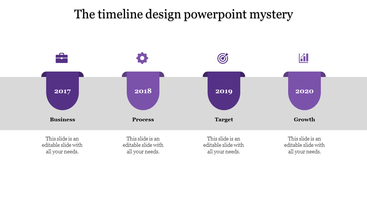 Timeline with multicolored drop shaped markers for 2017 to 2020, showing icons for business growth stages.