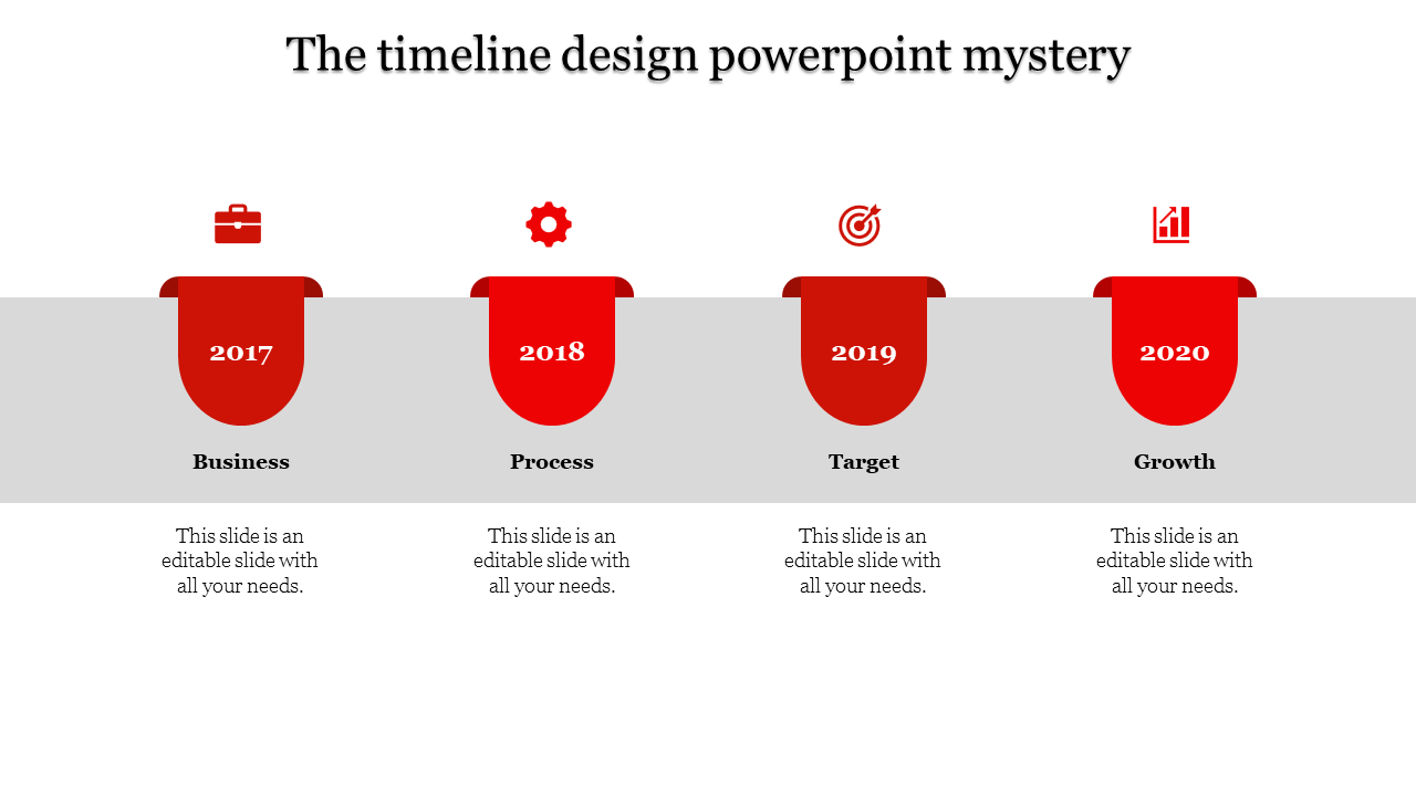 Red timeline design PowerPoint template with stages of Business, Process, Target, and Growth for 2017 to 2020 with icons.