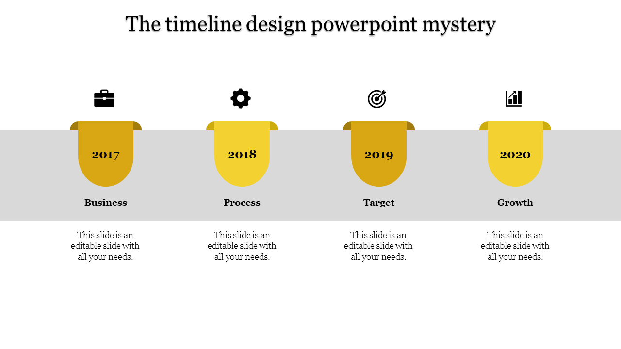 Timeline design with yellow shapes on gray segments, showing milestones for four years from 2017 to 2020.