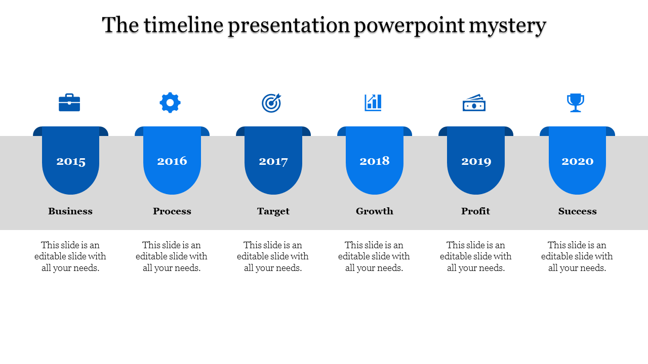Timeline layout featuring blue tab shaped icons for years 2015 to 2020, with gray sections in between.