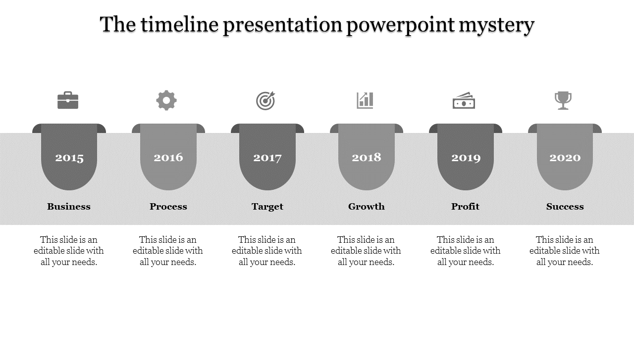 Horizontal timeline with six purple gradient tabs labeled chronologically from 2015 to 2020 with icons and captions.
