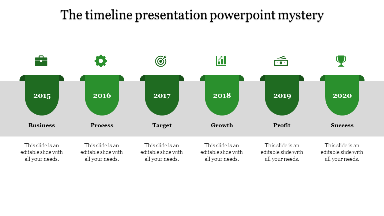 Business timeline slide with steps from Business to Success for each year from 2015 to 2020 with green icons and text.