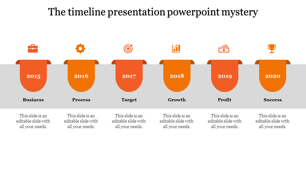 Timeline design with six orange tab like elements above gray background sections, each showing a year and icon.