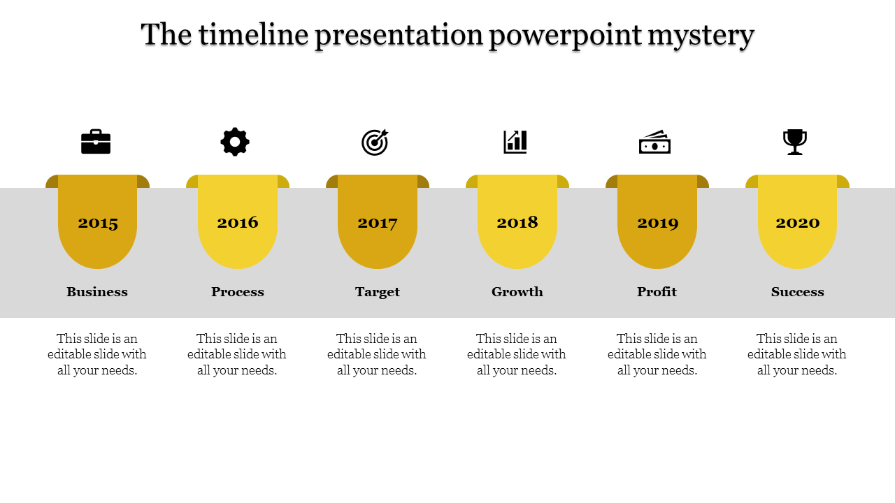 Timeline with six yellow tab like shapes above gray sections, each representing a different year and milestone.