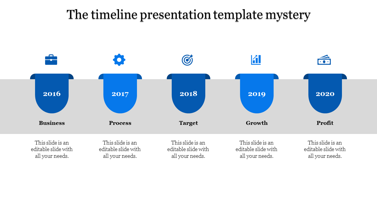 Timeline slide with steps of Business, Process, Target, Growth, and Profit from 2016 to 2020 on a blue section with icons.