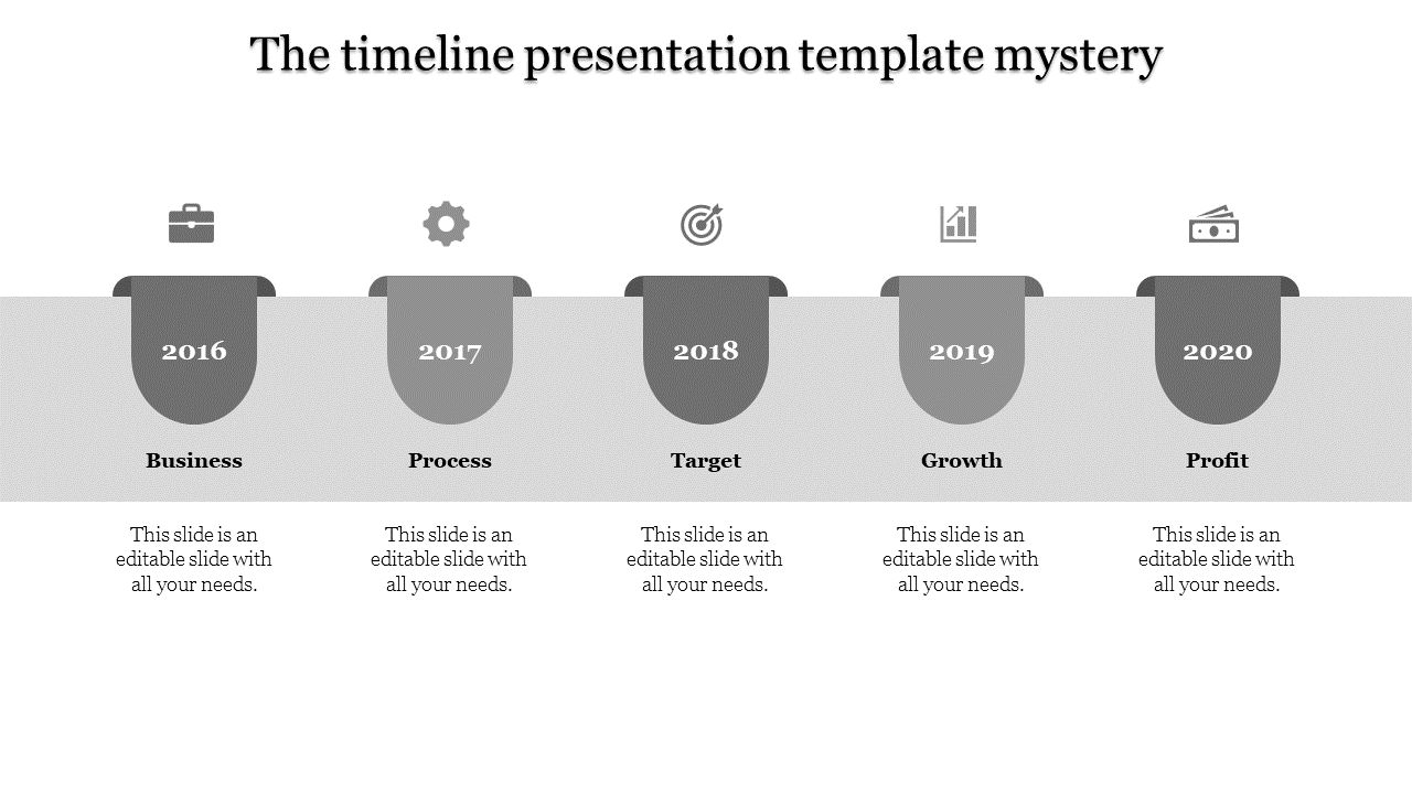 A grayscale timeline with five years marked by tab like shapes and icons above gray sections.