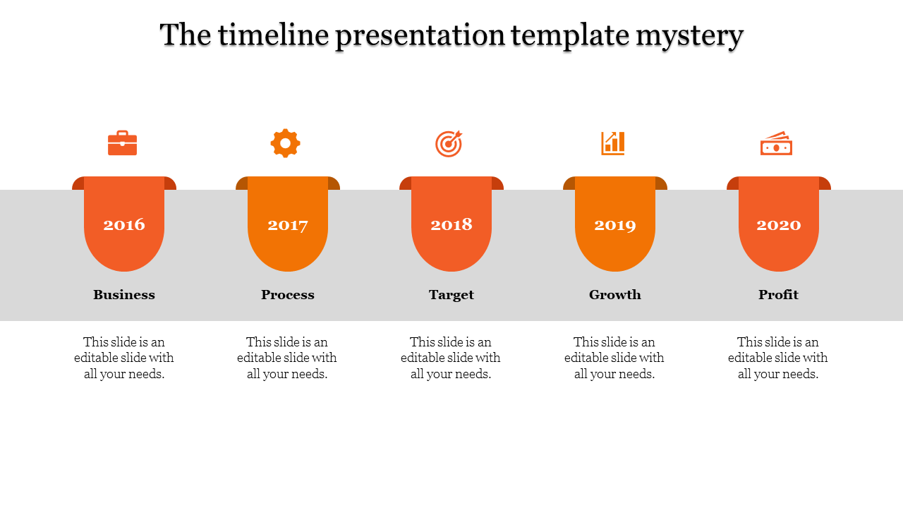 Timeline slide with steps of Business, Process, Target, Growth, and Profit from 2016 to 2020 on an orange section with icons.