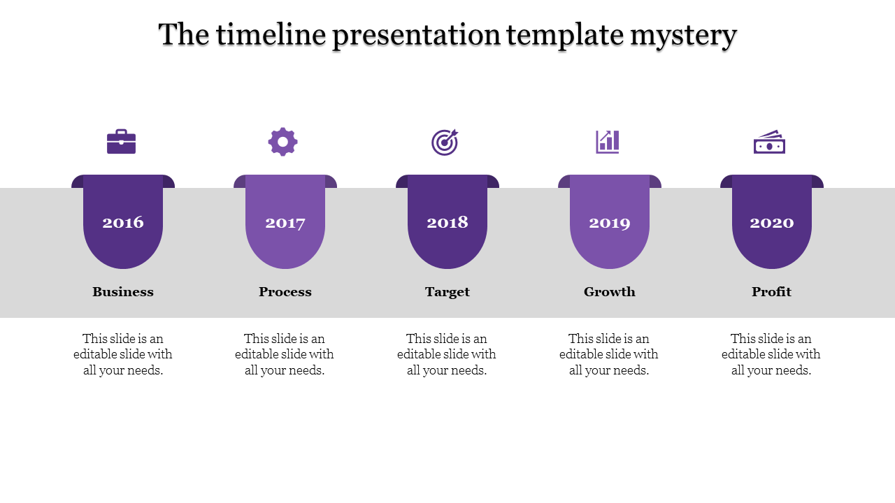 Horizontal timeline with purple shapes, including year markers from 2016 to 2020 and associated icons, over a gray backdrop.