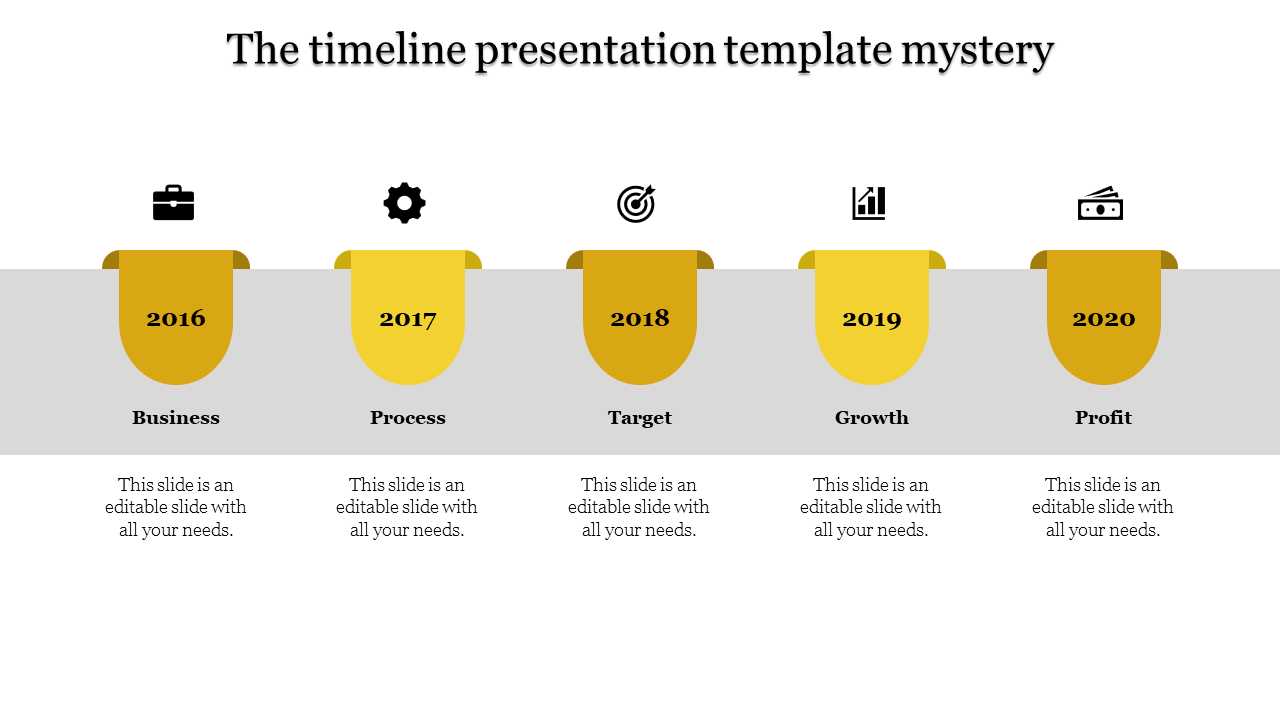 Timeline slide with steps of Business, Process, Target, Growth, and Profit from 2016 to 2020 on a yellow section with icons.