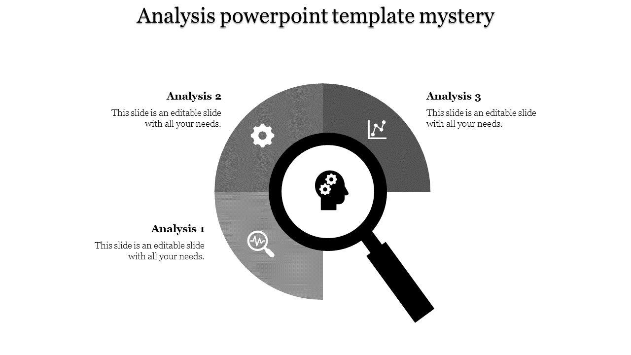 Analysis PPT slide with a magnifying glass and gray pie chart elements, divided into three analysis stages with icons.