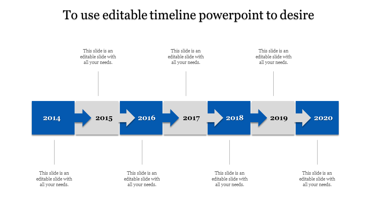 Rectangular timeline with alternating purple and grey arrows marking years 2014 to 2020 connected to caption areas.
