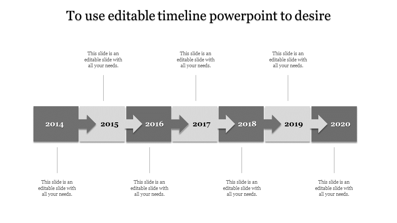 PowerPoint timeline template with gray color scheme, featuring arrows connecting years 2014 through 2020 with text.