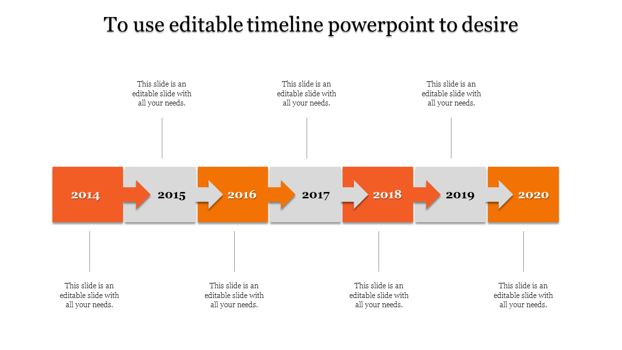 Timeline with orange and gray arrows, marking the years from 2014 to 2020, with space for text beneath each year.