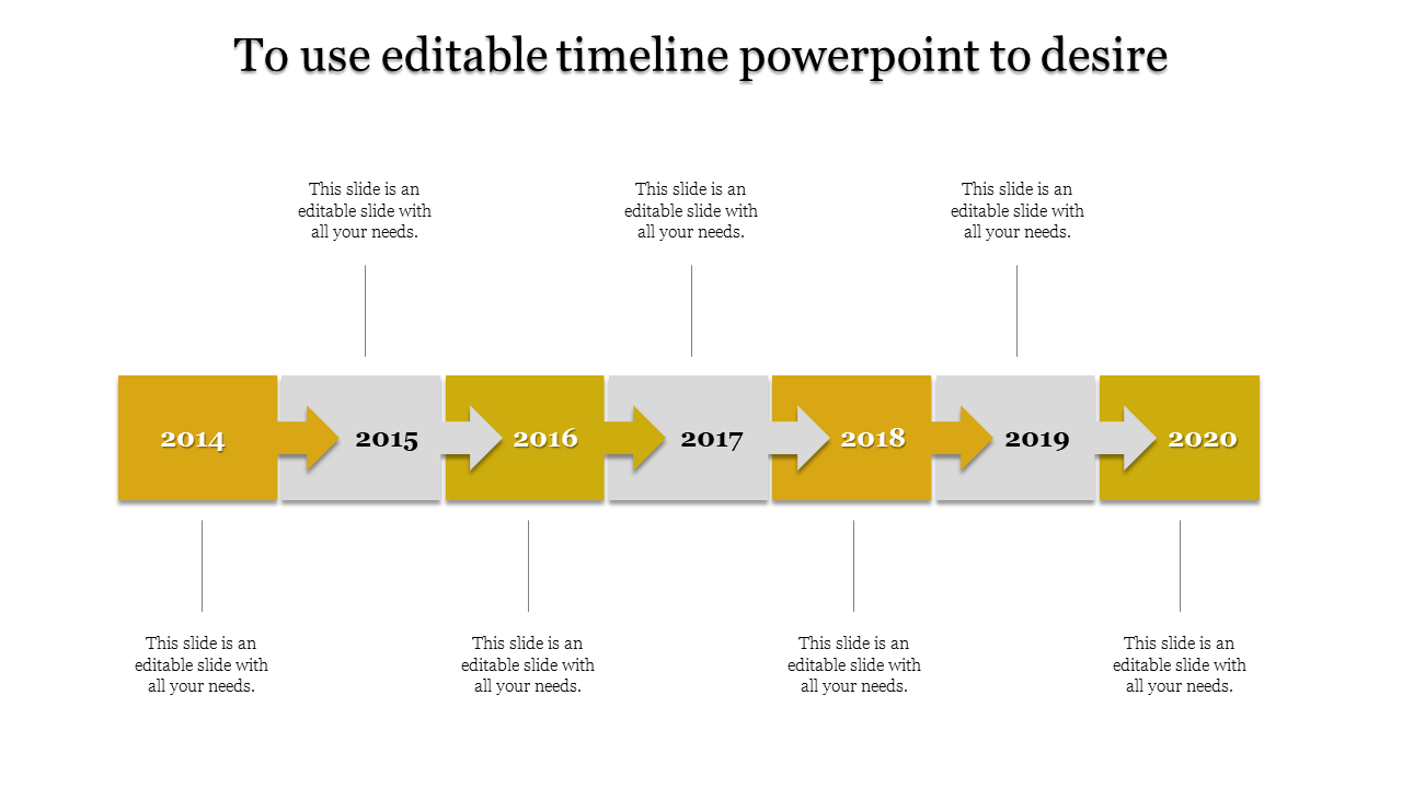 Horizontal timeline from 2014 to 2020 with arrows and blocks in yellow and gray, each with text placeholders.
