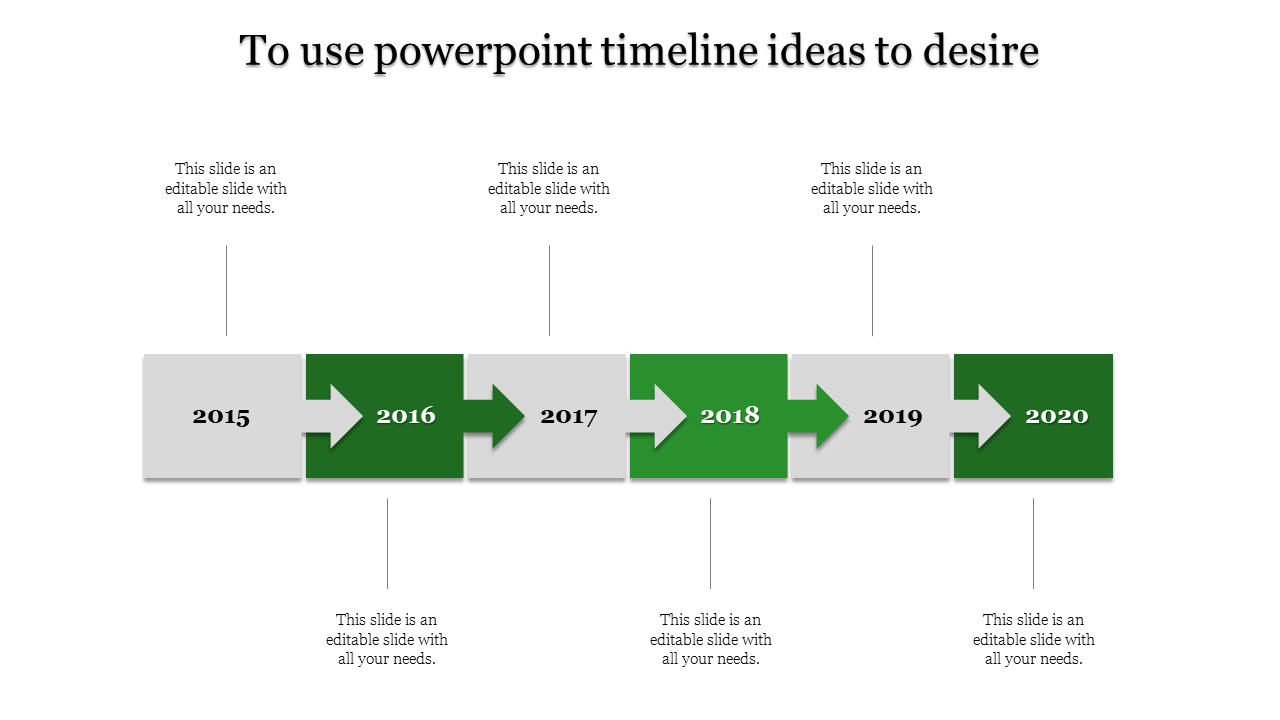 Timeline PPT slide with years 2015 to 2020, featuring green and grey arrows marking the years with placeholder text.