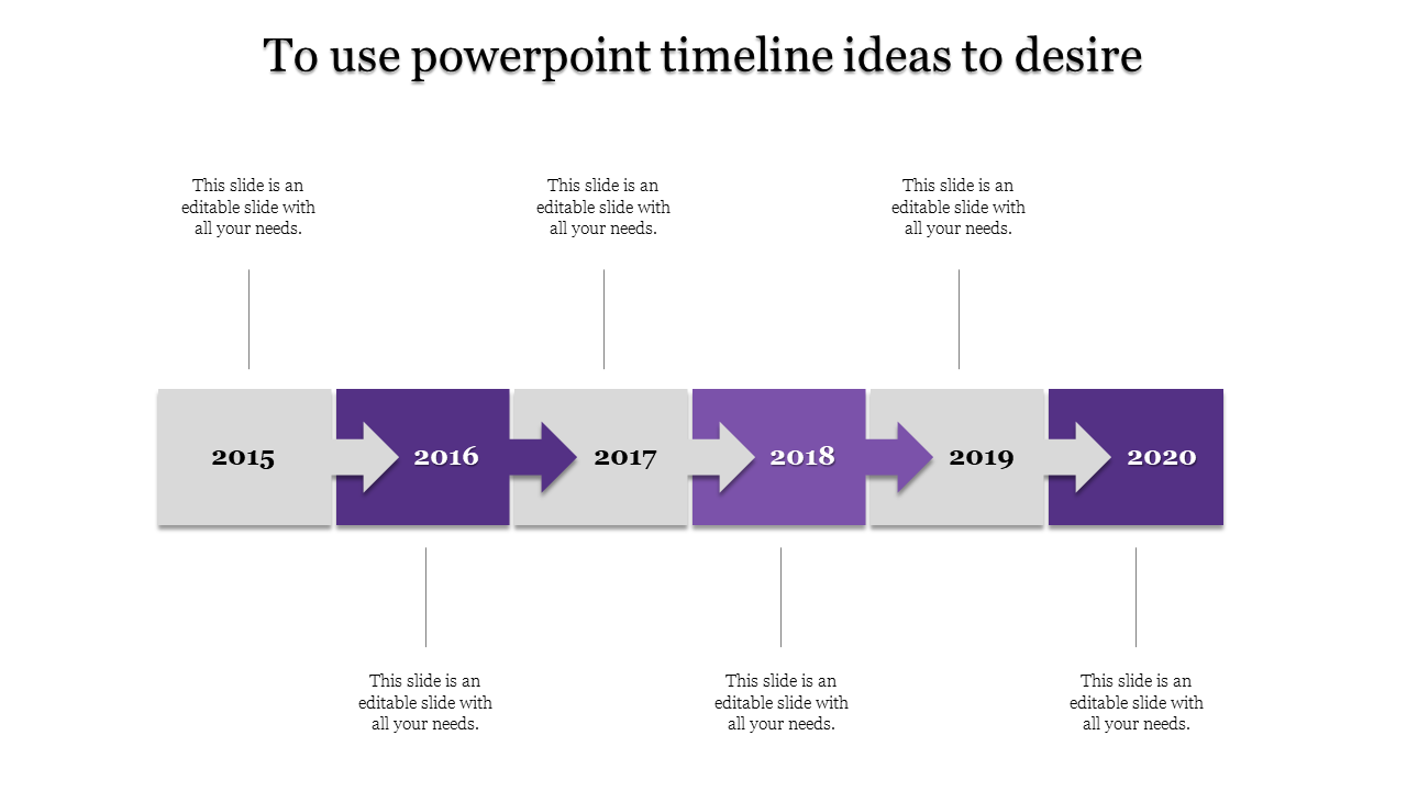 Rectangular timeline with colored arrows marking years 2015 to 2020 connected to caption areas placed in a white backdrop.